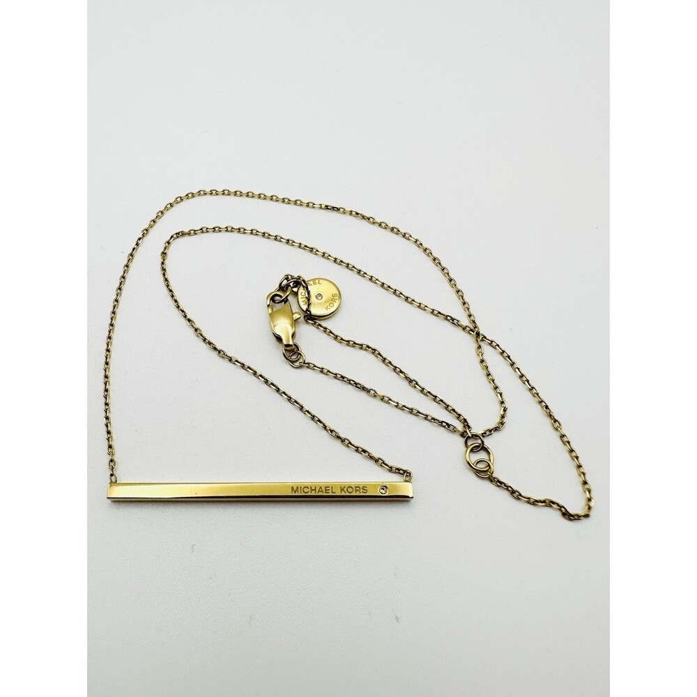Michael Kors Brilliance Motif Pave Bar Pendant Necklace Gold Tone 18”